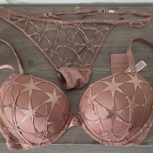 Victoria's Secret Starry Mesh Bra and Panty Set - Rose Gold